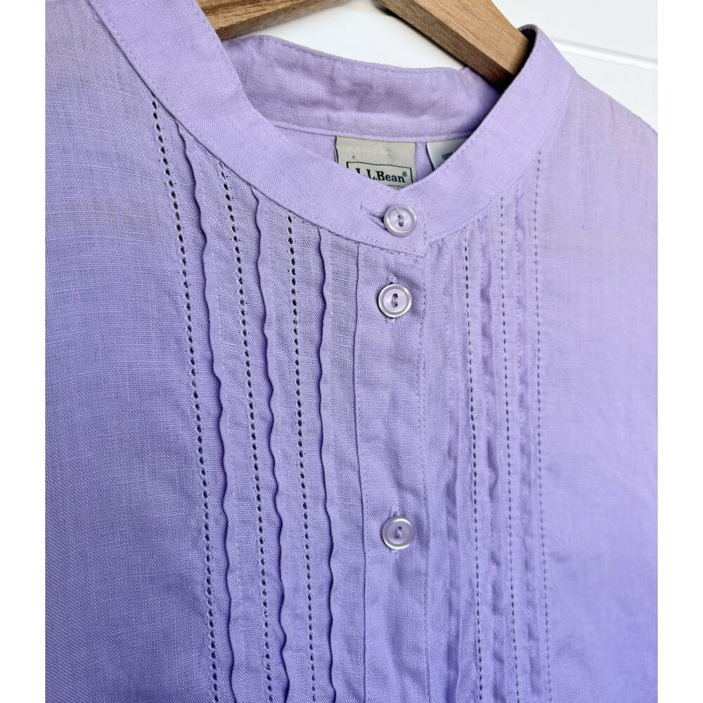 LL Bean Purple Linen Tunic Top Collarless Button Front Pintuck Pleats XL - Picture 3 of 15